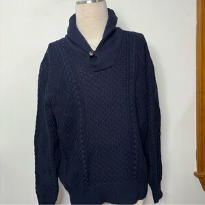 J Crew Sweater XL Blue Shawl Collar Neck Cotton Cable Knit Pullover Fisherman